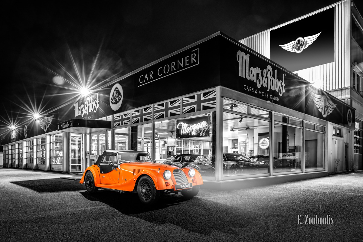 Baden-Württemberg, Chromakey, Deutschland, Dunkel, EZ00806, Fine Art, FineArt, Germany, Langzeitbelichtung, Licht, Long Exposure, Morgan, Nacht, Night, Nürtingen, Orange, Roadster, Zouboulis, automobil, british, classic car Colorkey, merz, pabst, urban, zouboulis photography