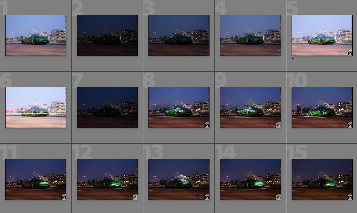 Übersicht über Einzelaufnahmen beim Ausleuchten in der Autofotografie